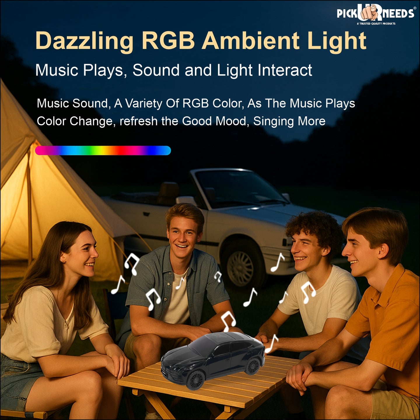 Pick Ur Needs Rechargeable Car-Shaped Speaker – RGB LED Light, USB/FM/SD Card, Type-C, 1200mAh